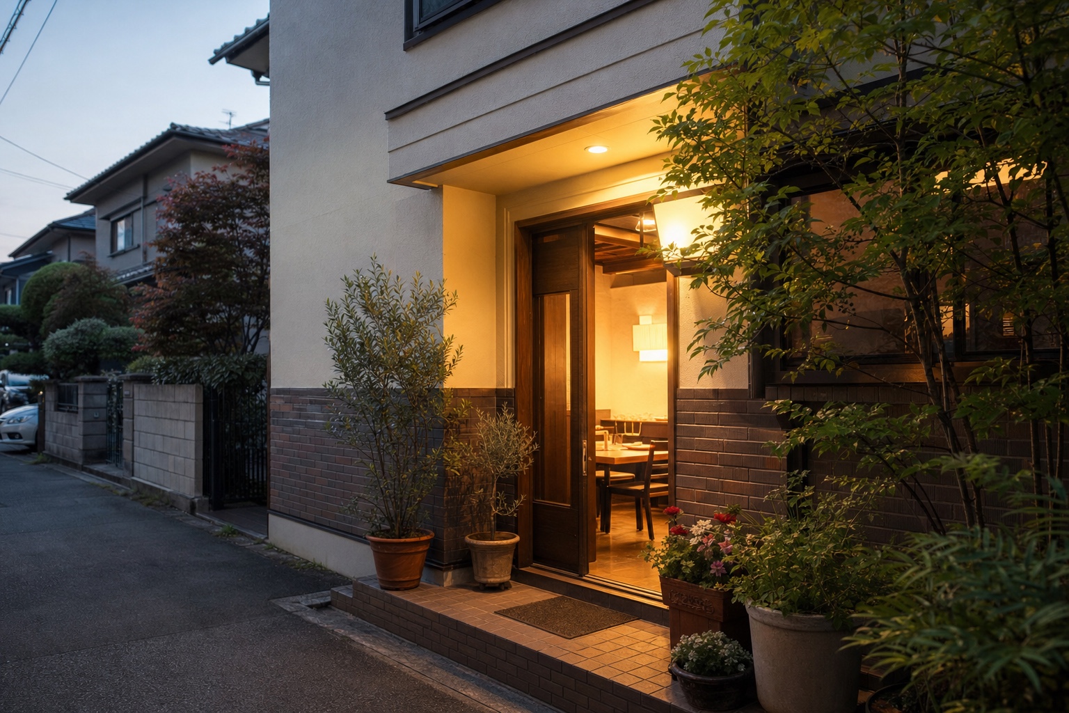 住宅街にある一軒家レストランの入口イメージ