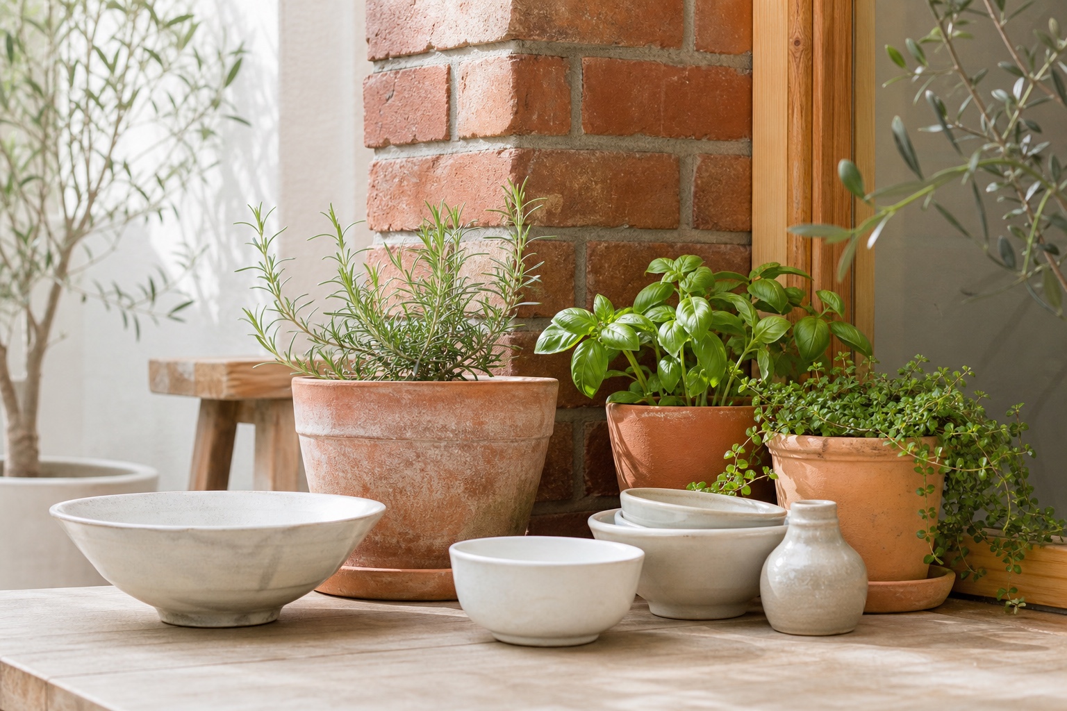 店先の鉢植えと陶器